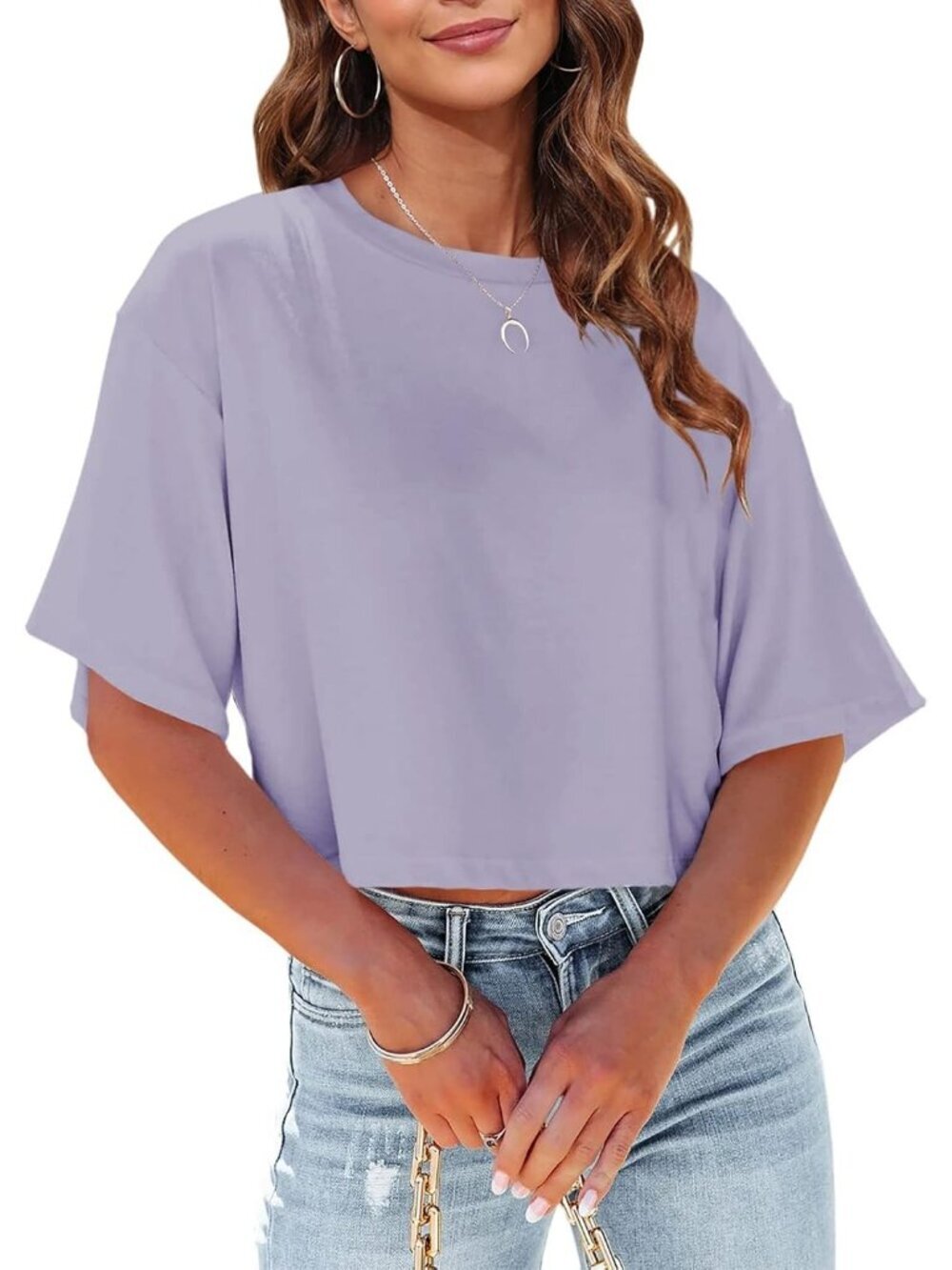 Women's Light Purple Crew Neck Half Sleeves Loose Fit Casual Pull On Tees Shirts
